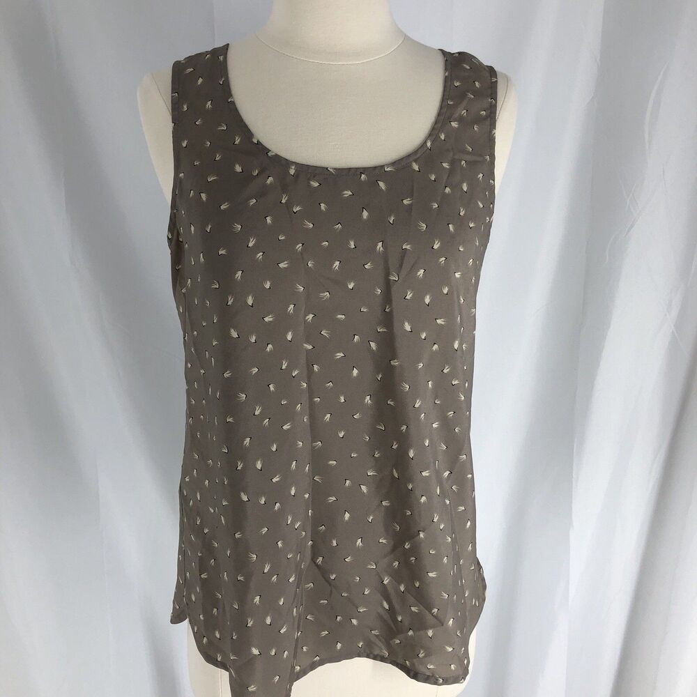 LOFT Feather Print Sleeveless Blouse Women Small Brown Loose Fit Scoop Neck